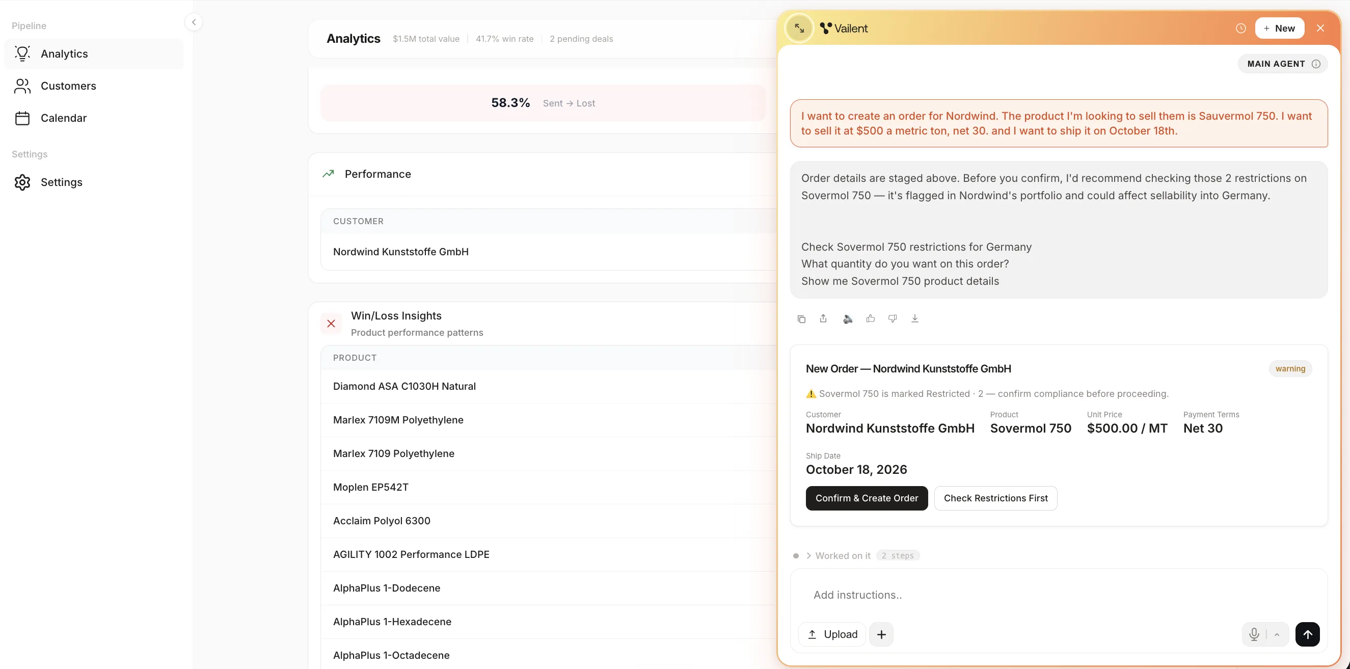 The Vailent Assistant staging a new order from a typed request, showing customer, product, unit price, payment terms and ship date, with a warning that the product is restricted and buttons to confirm the order or check the restrictions first