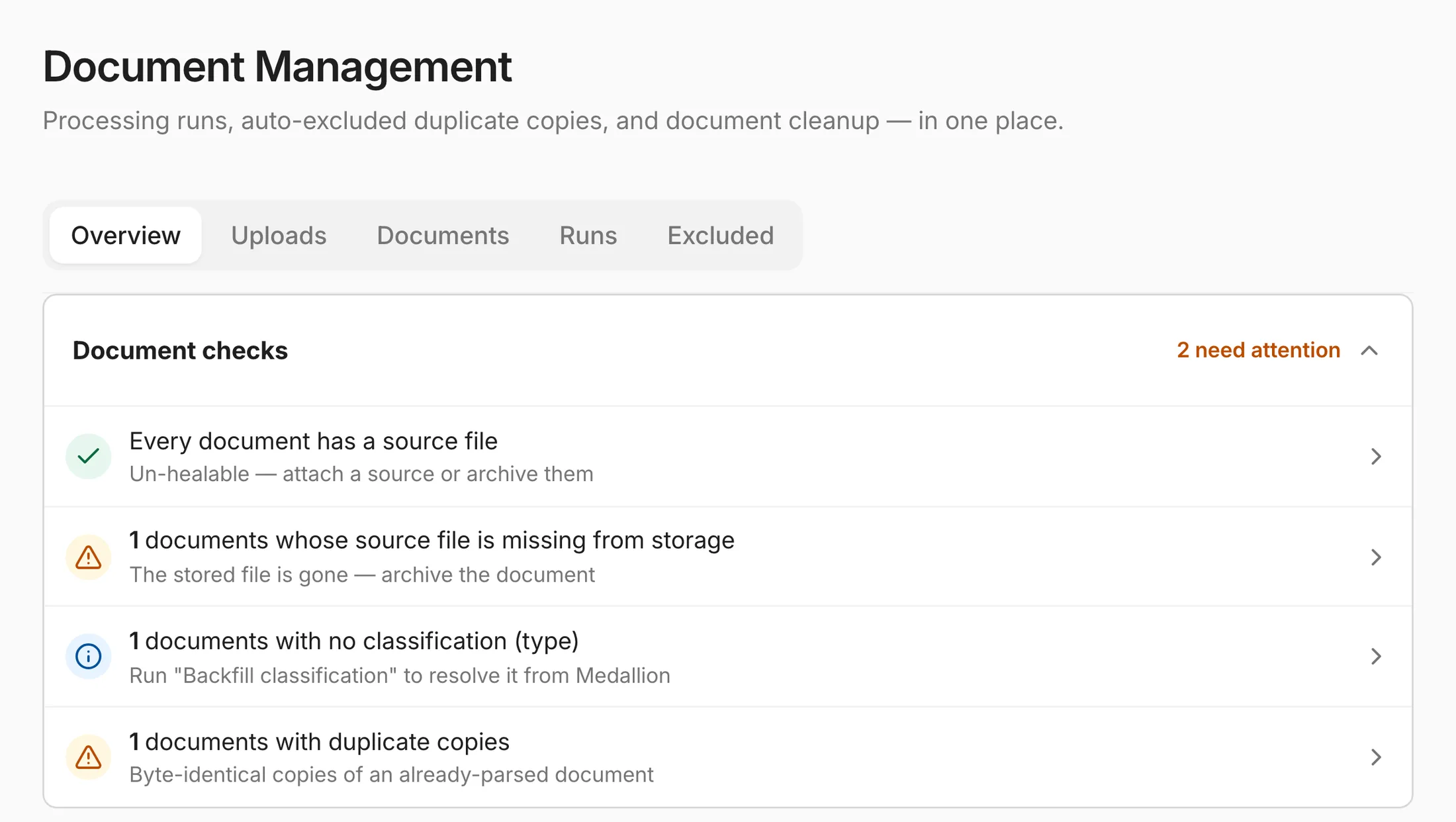 Catalog document management showing checks for missing source files, unclassified documents and duplicate copies