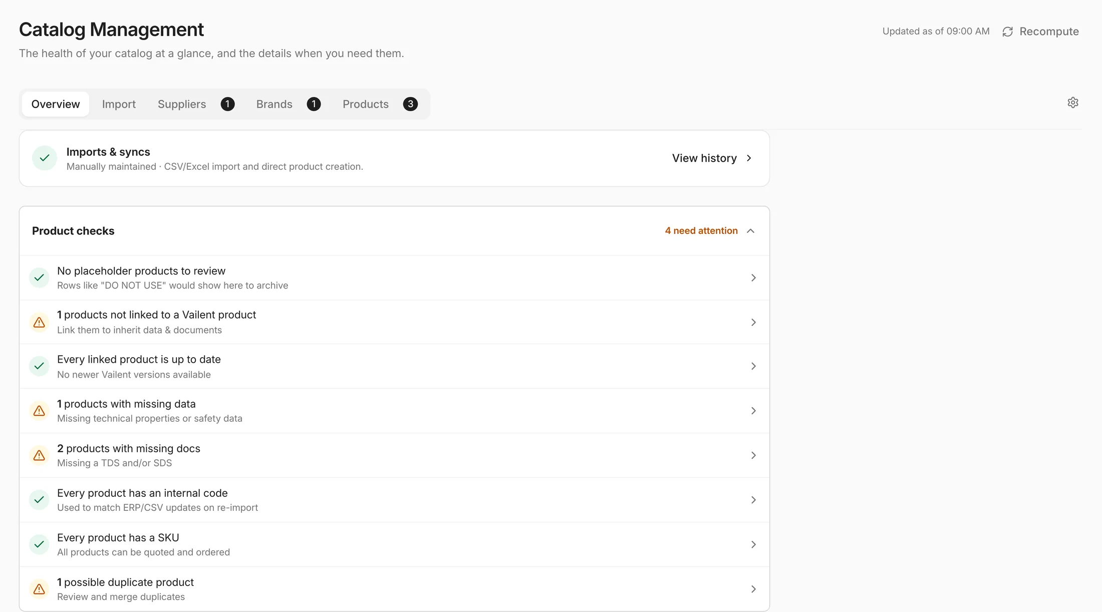 Catalog management health checks listing products with missing data, missing documents, missing SKUs and possible duplicates