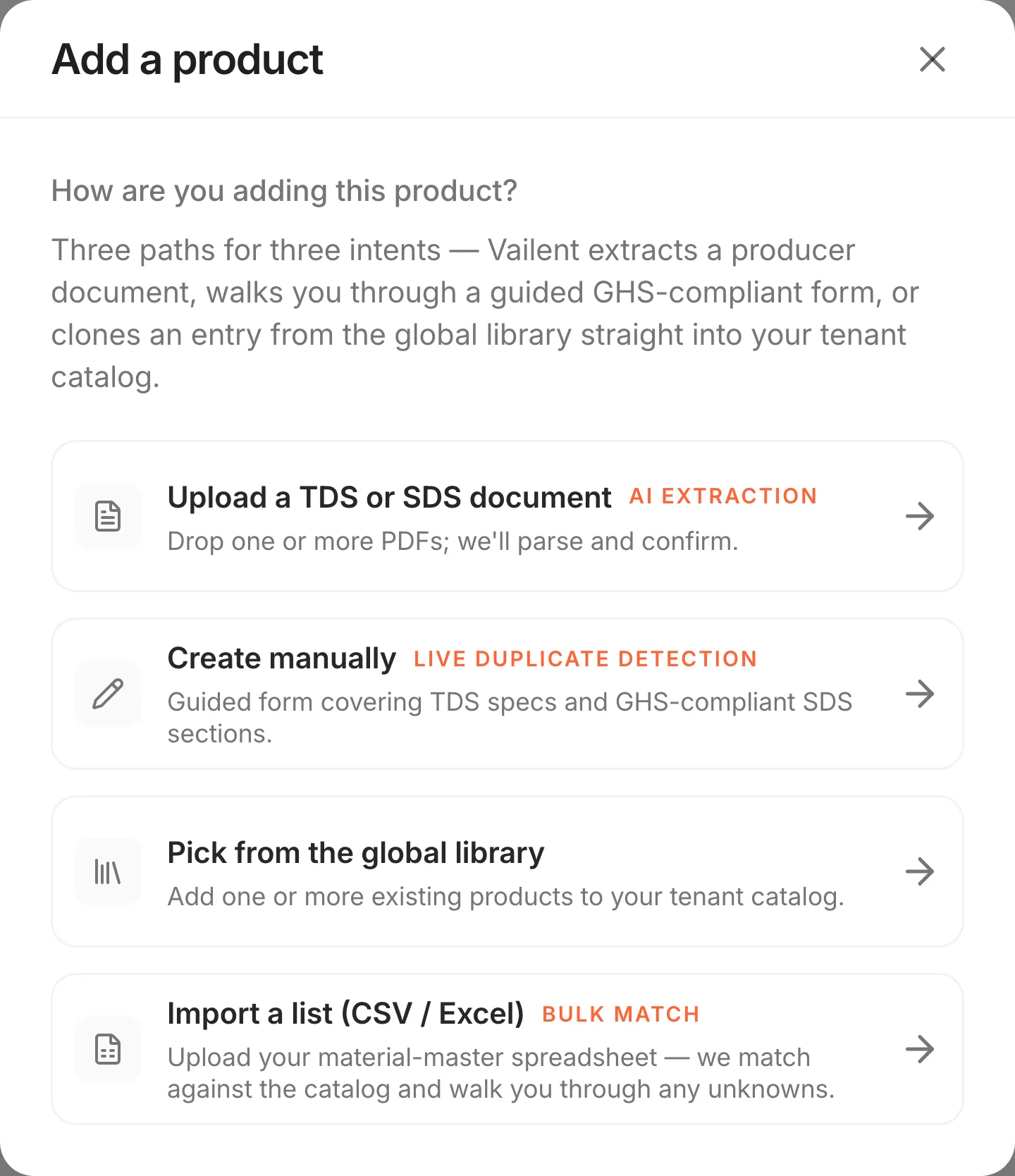 The add a product dialog in Catalog, offering document upload, a guided form, the global library, and a bulk spreadsheet import