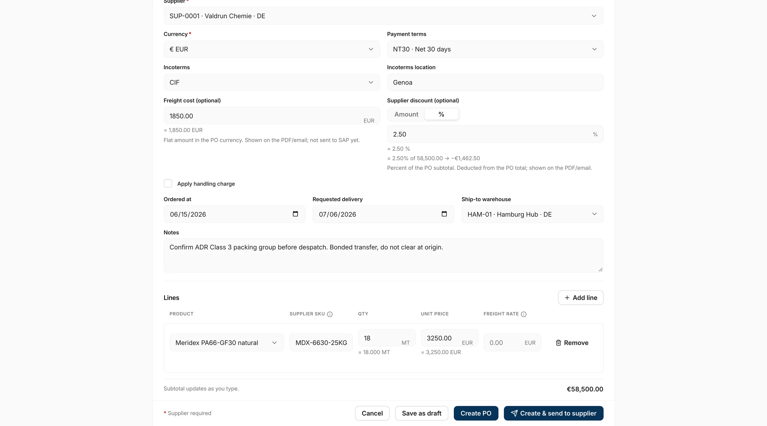 A new Inventory purchase order, showing the supplier, currency, payment terms drawn from the tenant's ERP mapping, the Incoterm and its named place, freight and supplier discount, handling instructions, and one order line with its supplier SKU, tonnage, unit price and running subtotal