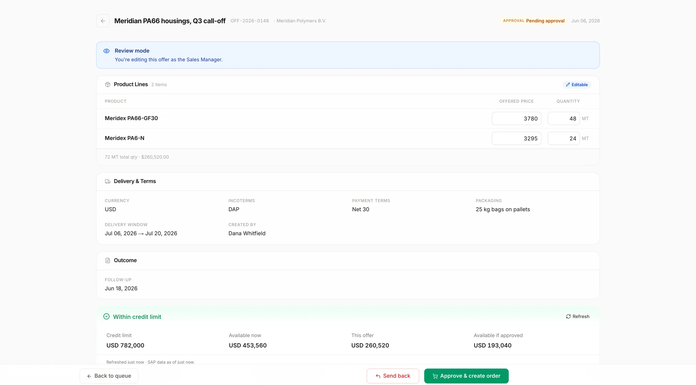 A Pipeline offer in approval review mode, with editable prices and quantities, the account's credit limit and what would remain if approved, and the send back and approve actions