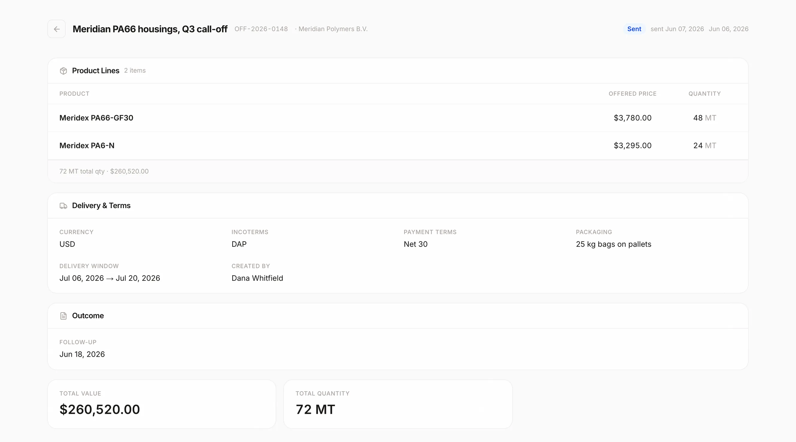 A Pipeline offer showing two product lines with their offered price and quantity, the delivery and payment terms, and the total value and total quantity
