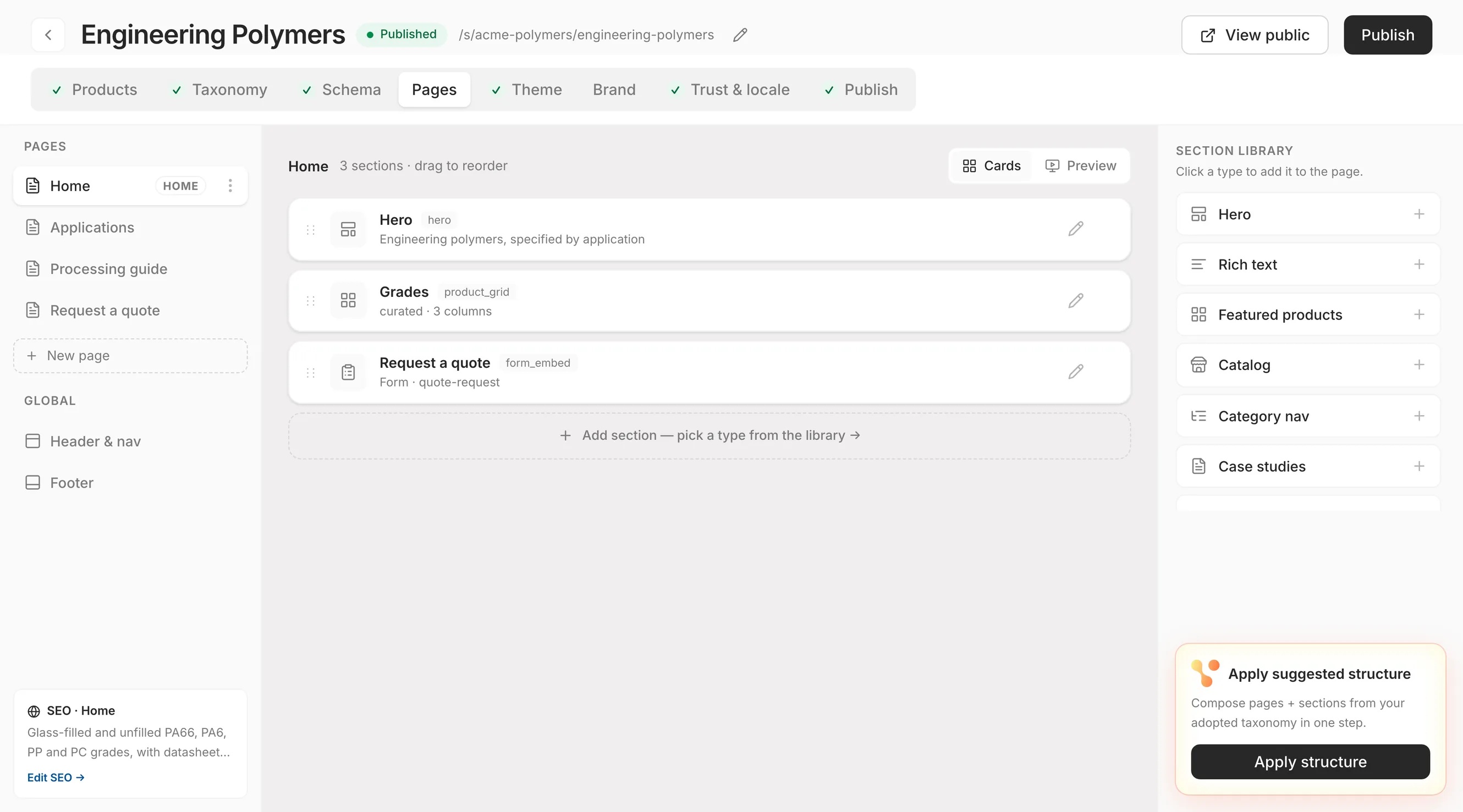The pages tab of a storefront, showing a home page made of a hero, a curated grade grid and a quote form, beside a library of section types and the page's own SEO title and description