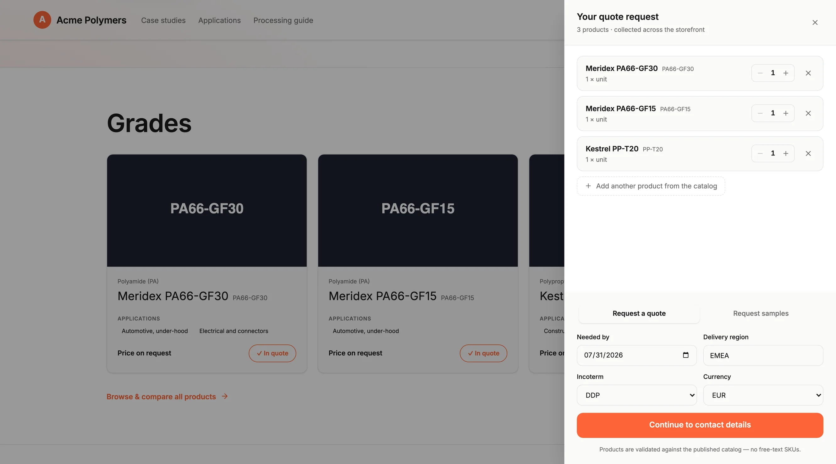 The quote request panel on a published storefront, listing three selected polymer grades with their quantities, with fields for the needed-by date, delivery region, Incoterm and currency, and a note that products are validated against the published catalog