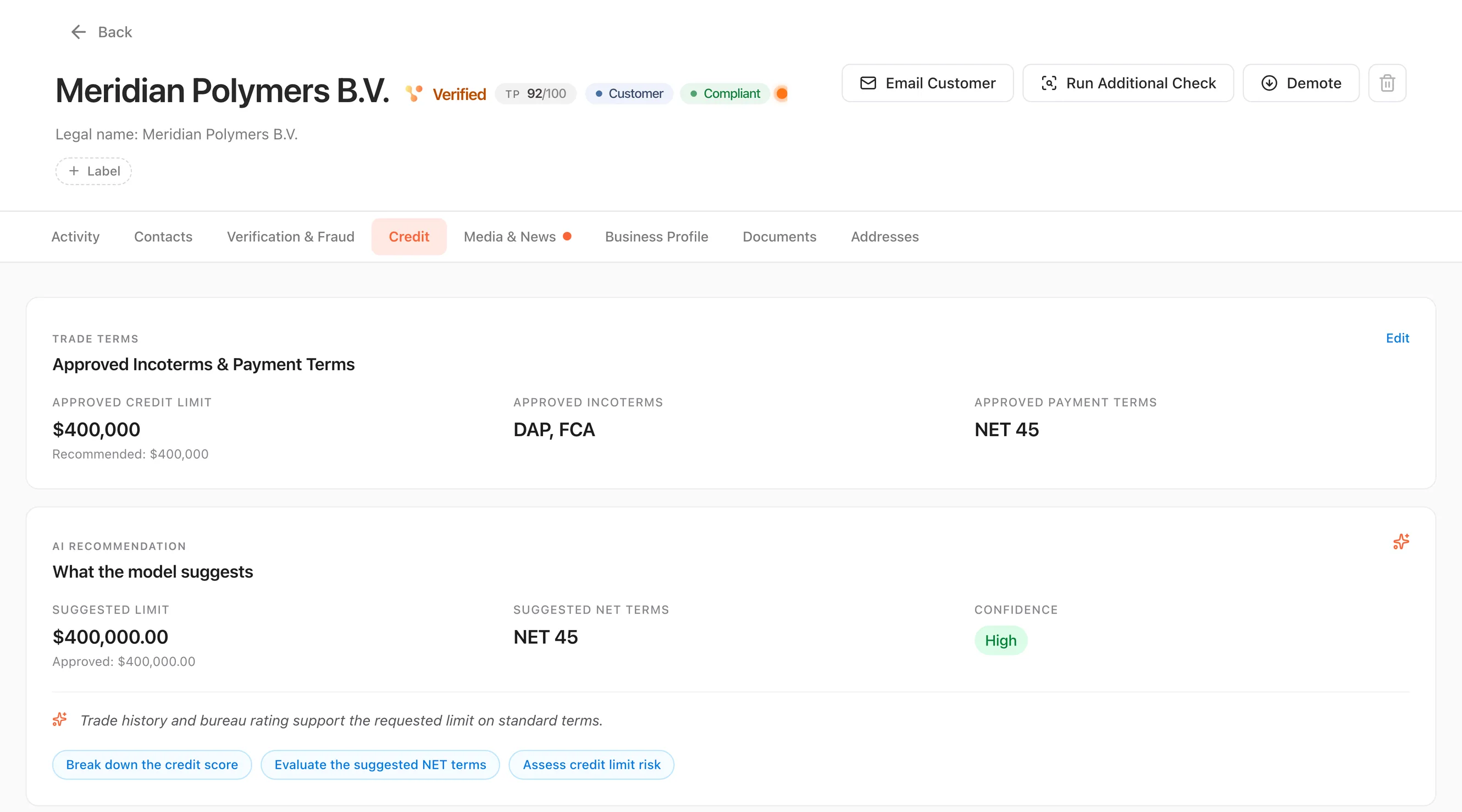 The credit tab of a TradePass counterparty, showing the approved credit limit, incoterms and payment terms alongside the model's suggested limit, suggested net terms, a confidence of high and its one line rationale
