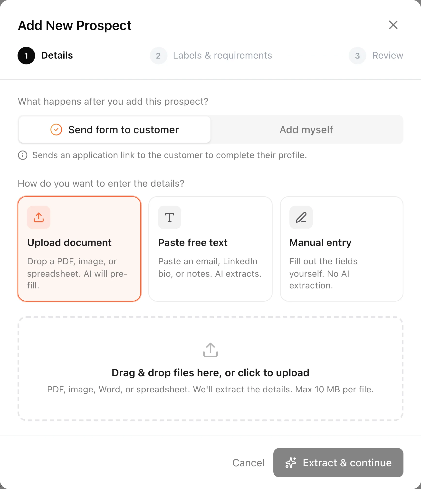 The add new prospect dialog in TradePass, offering to send a form to the customer or enter the details from an uploaded document, pasted text or a manual form