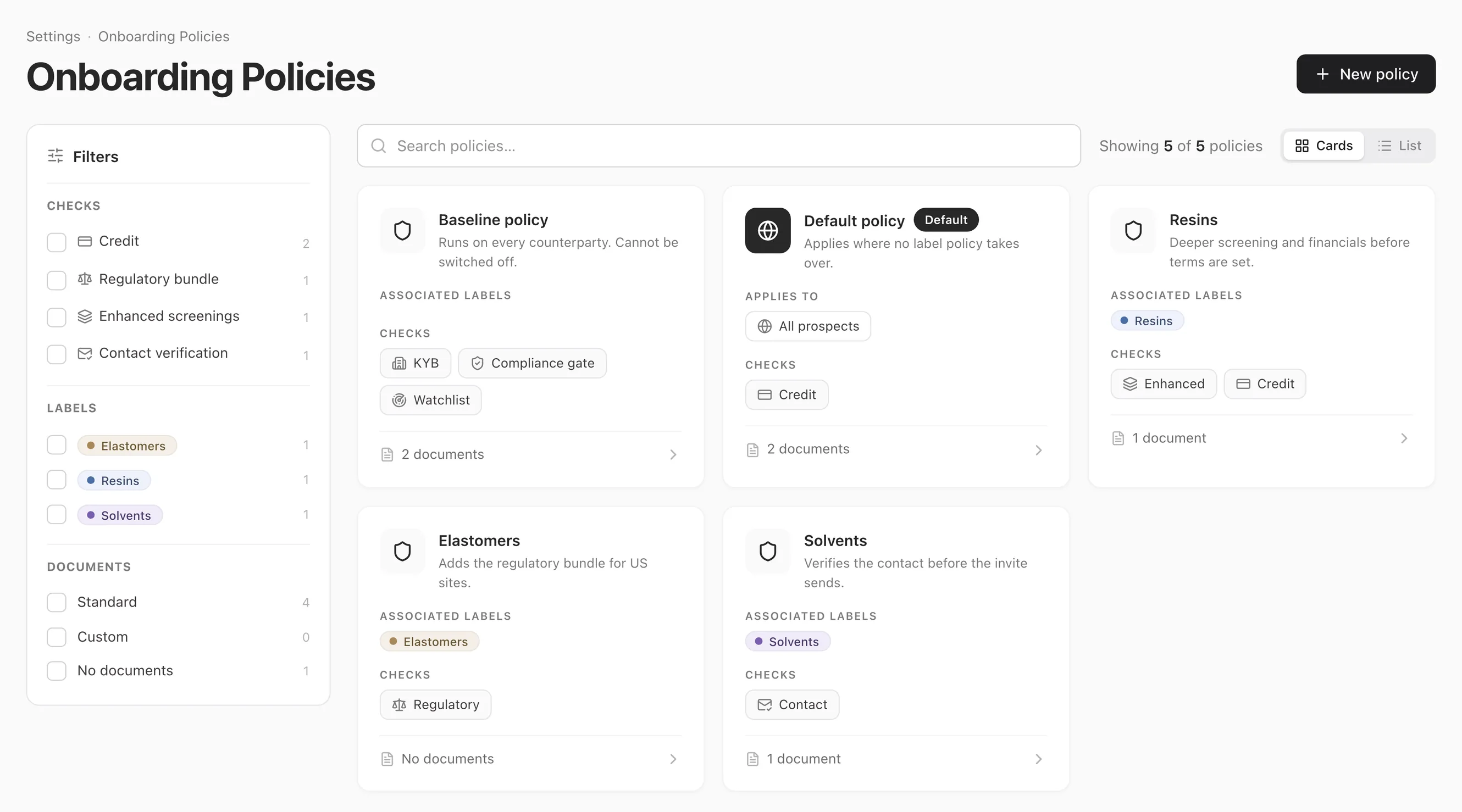 TradePass onboarding policies, showing a baseline policy that runs on every counterparty, a default policy for anything unlabeled, and separate resin, elastomer and solvent policies each with its own required checks