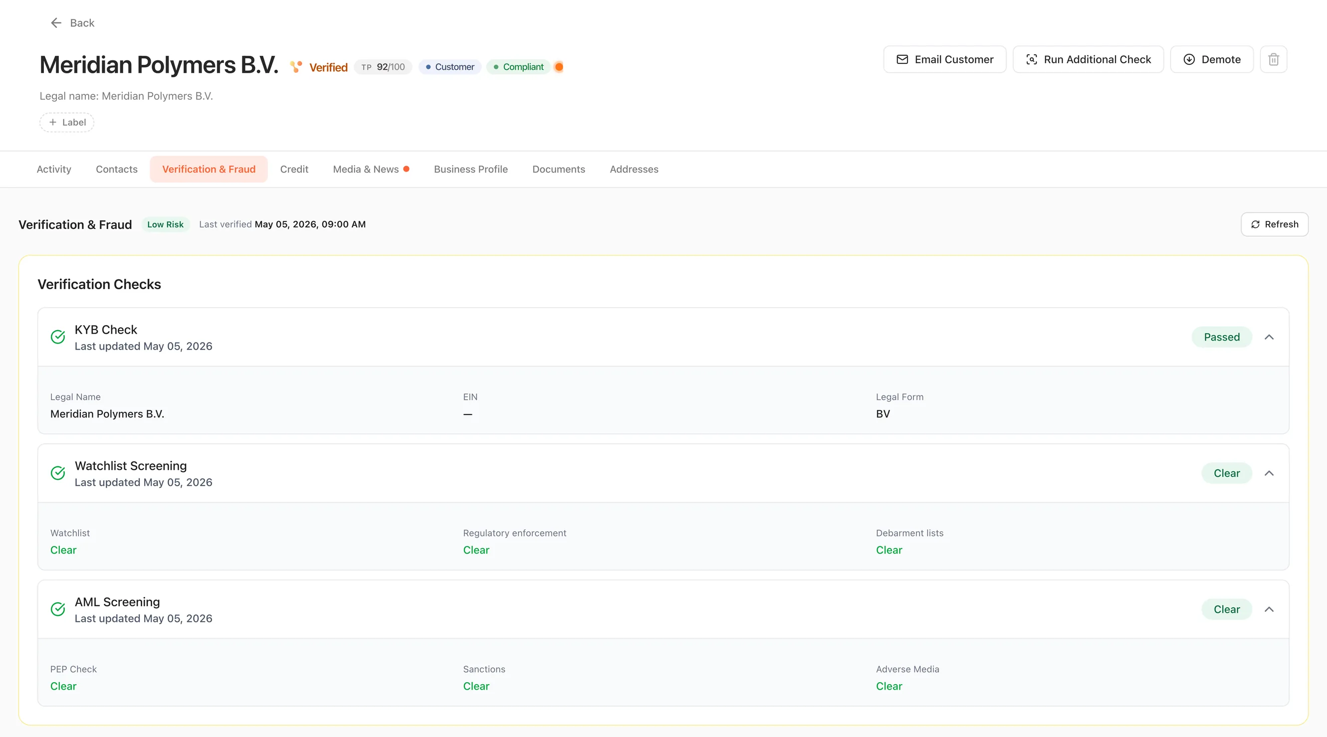 The verification and fraud tab of a TradePass counterparty, showing a low risk verdict and passed KYB, watchlist and AML screening checks