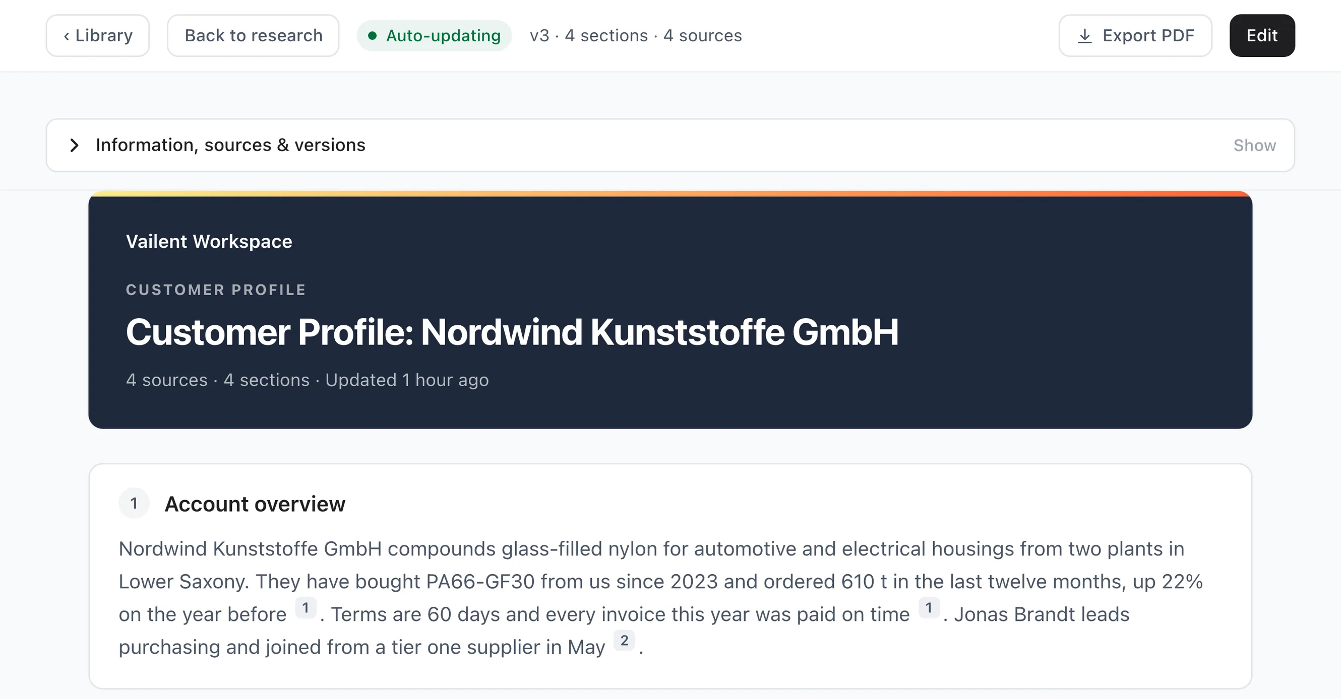 A Workspace artifact opened as a document, a customer profile marked as auto-updating at version three with four sections and four sources, with buttons to export it as a PDF or edit it, a closed panel for its information, sources, and versions, and its first section, an account overview with each figure tied to its source